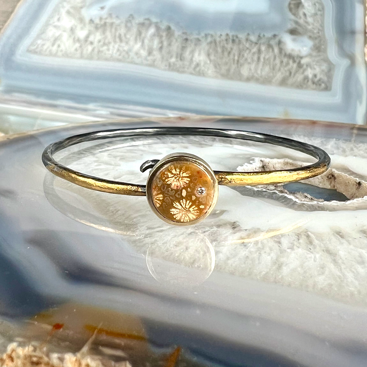 Fossilized Coral and Diamond Gold Moon Bracelet