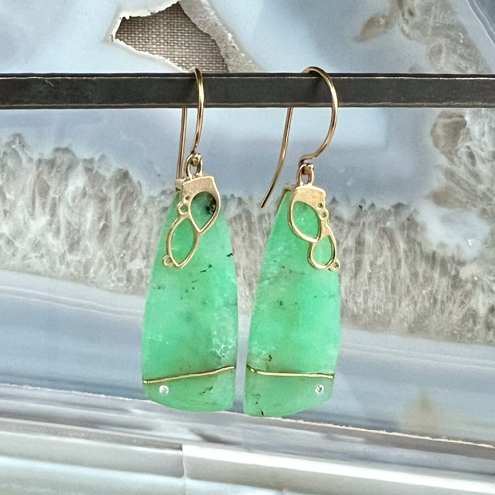 Chrysoprase and Diamond Gold Kintsugi Earrings