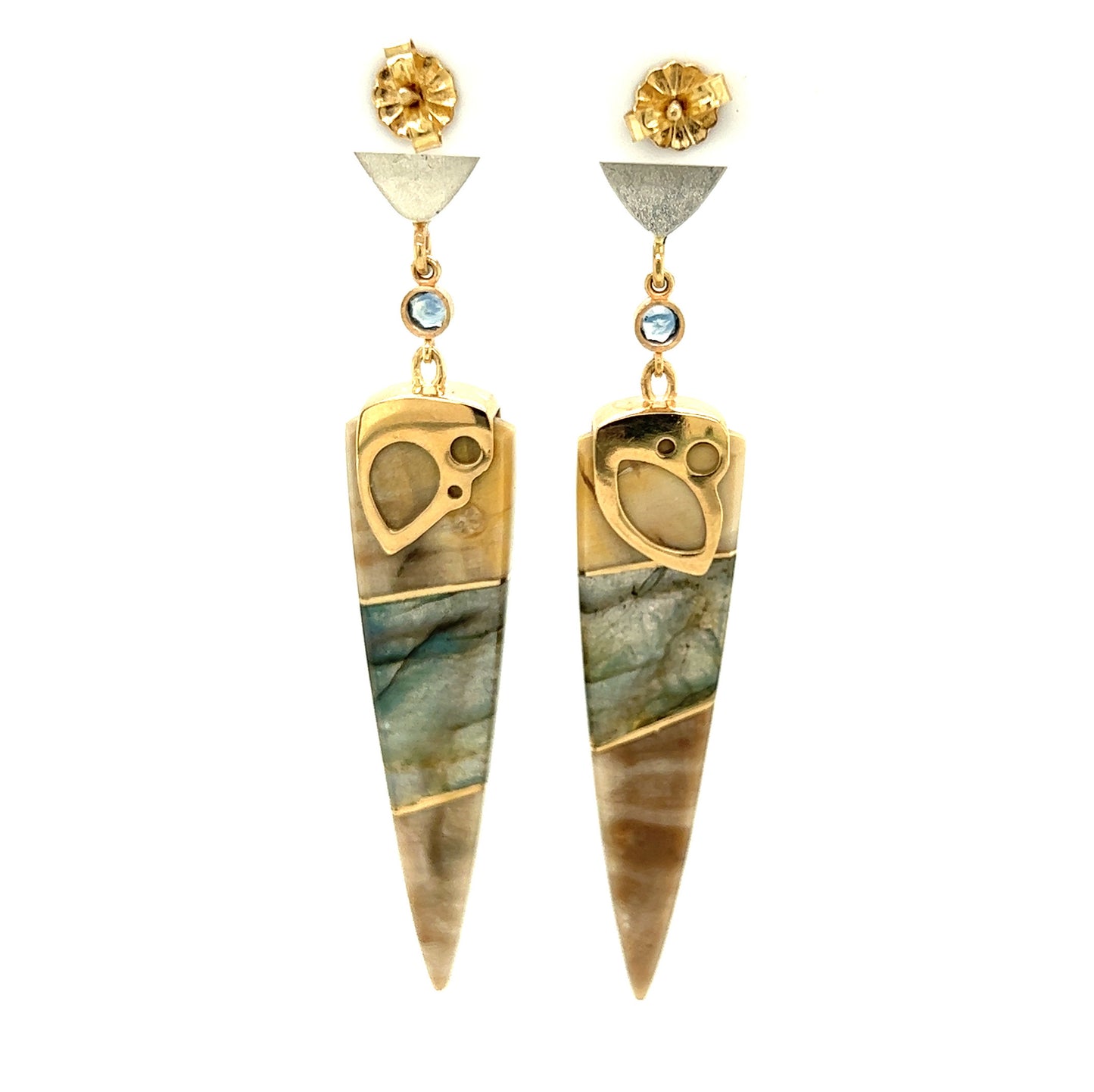 Apatite, Labradorite, Petrified Wood, and Montana Sapphire Gold Intarsia Earrings