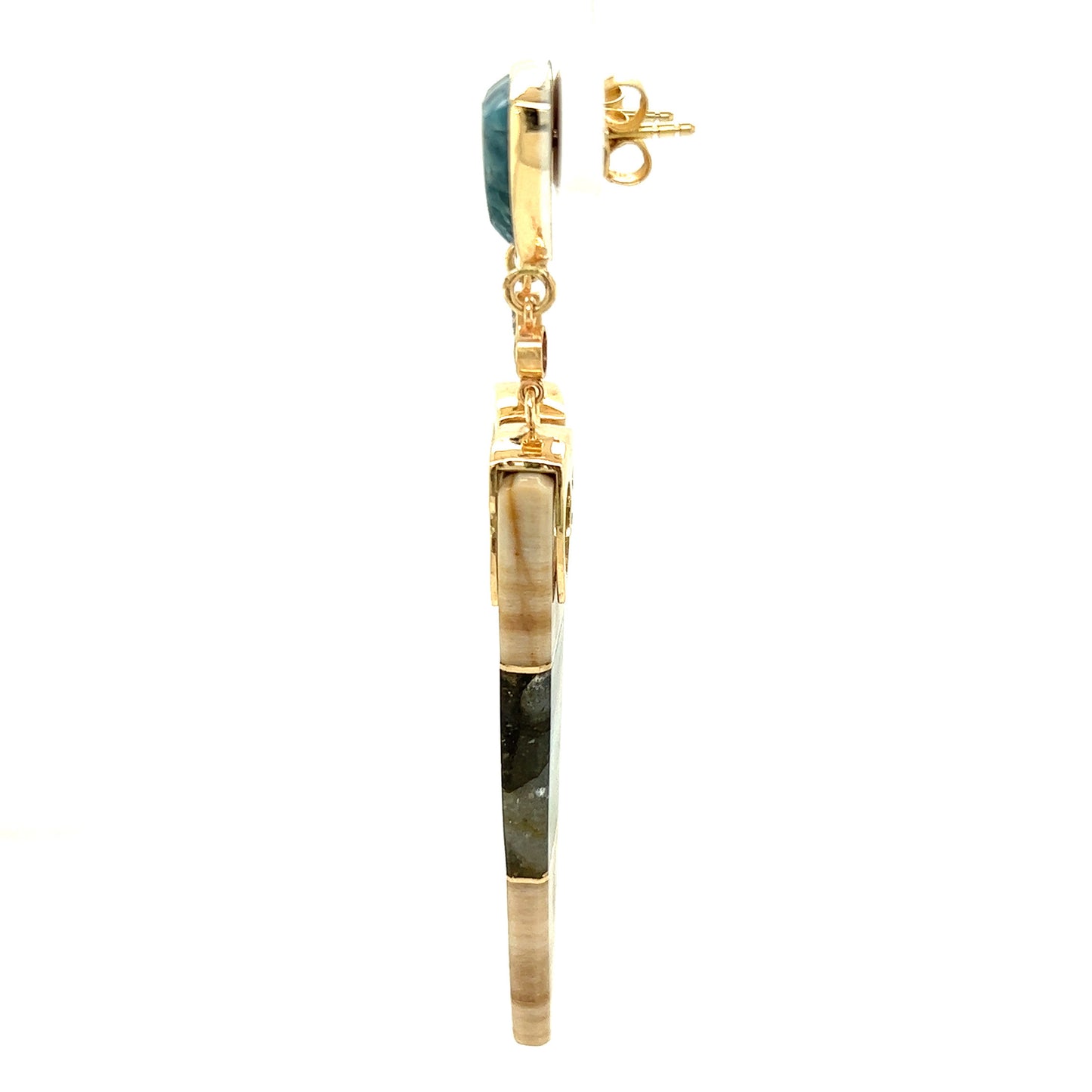Apatite, Labradorite, Petrified Wood, and Montana Sapphire Gold Intarsia Earrings