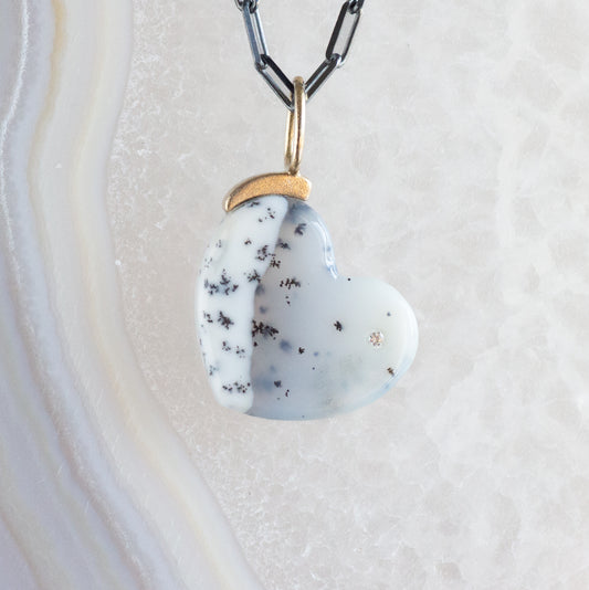 Dendritic Opal Agate and Diamond Gold Heart Pendant