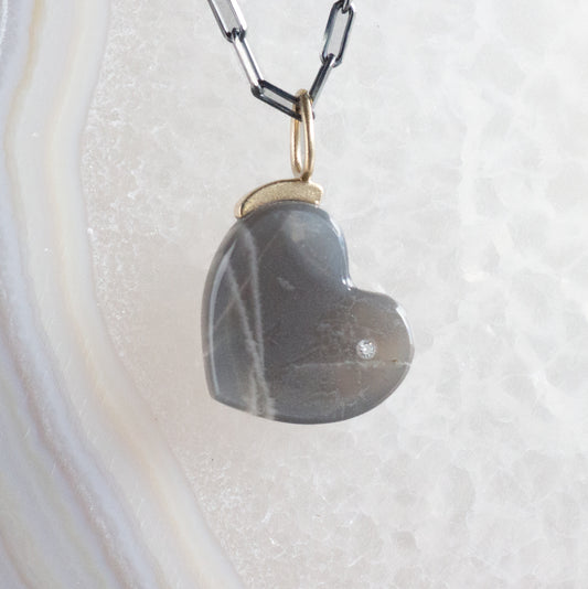 Grey Moonstone and Diamond Gold Heart Pendant
