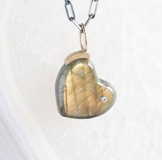 Labradorite and Diamond Gold Heart Pendant