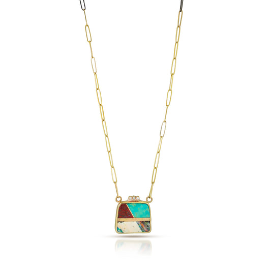 Turquoise, Opal, Red Jasper and Diamonds Gold Inlay Necklace