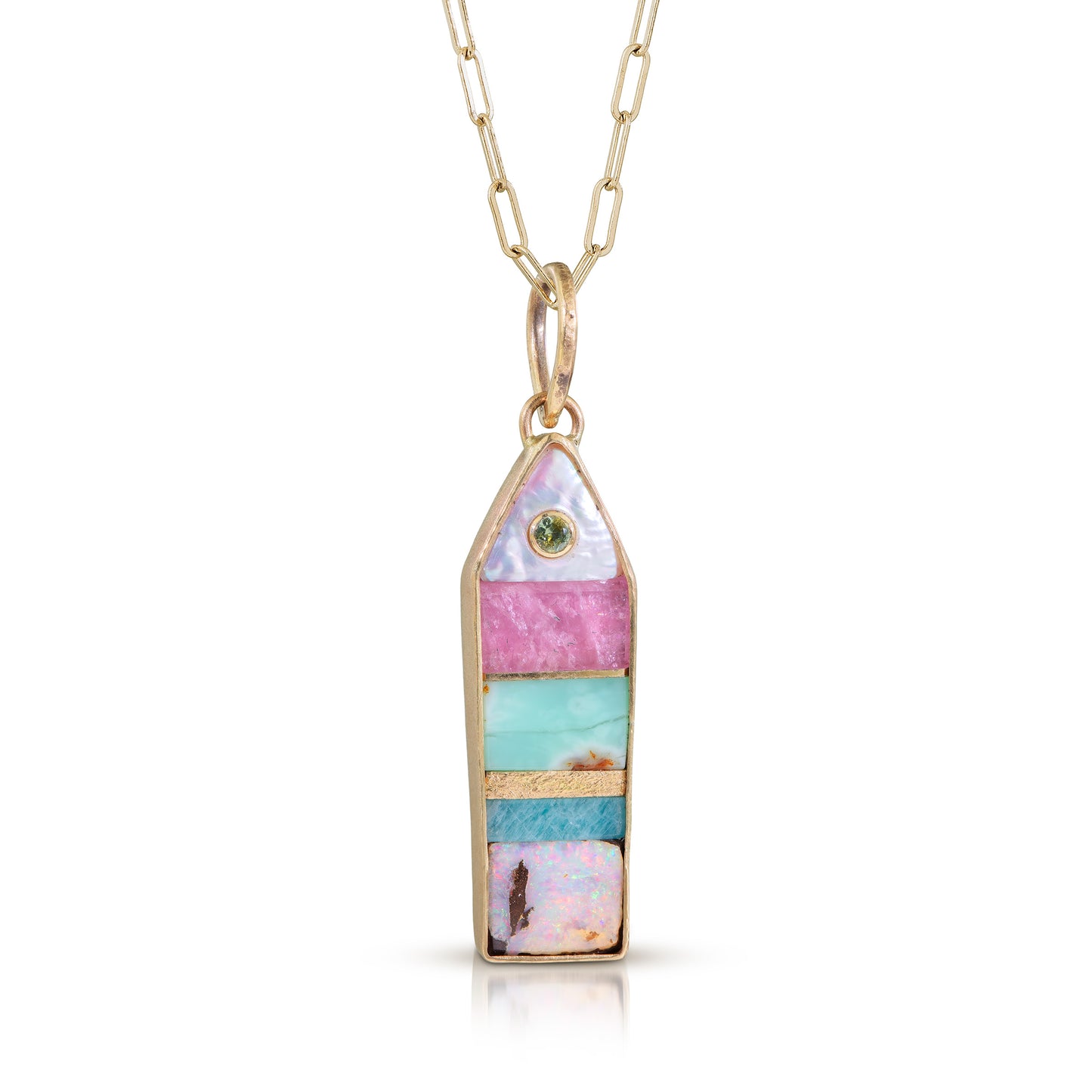 Opal, Pearl and Montana Sapphire Gold Inlay Fish Pendant