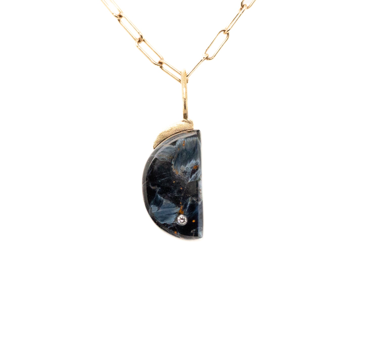 Pietersite moon charm with diamond 14k gold