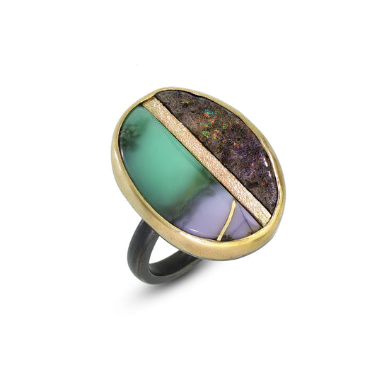 Chrysoprase and Andamooka Matrix Opal Gold Kintsugi Inlay Ring