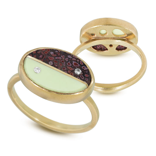 Dinosaur Bone, Chrysoprase and Diamonds Equinox Intarsia Gold Ring