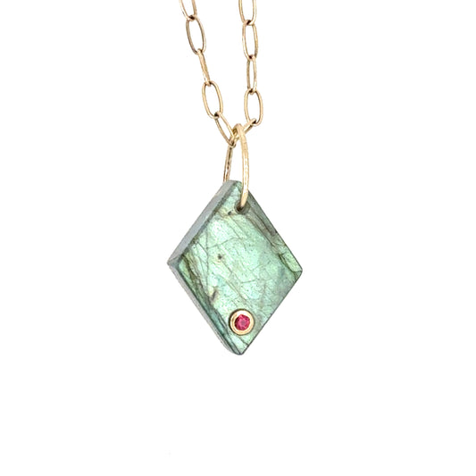 Labradorite and Tourmaline Gold Diamond Charm