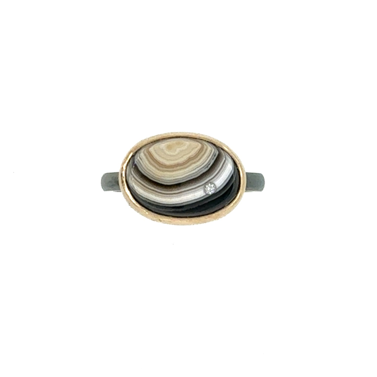Mexican Agate and Diamond Elliptical Orbit Gold Ring