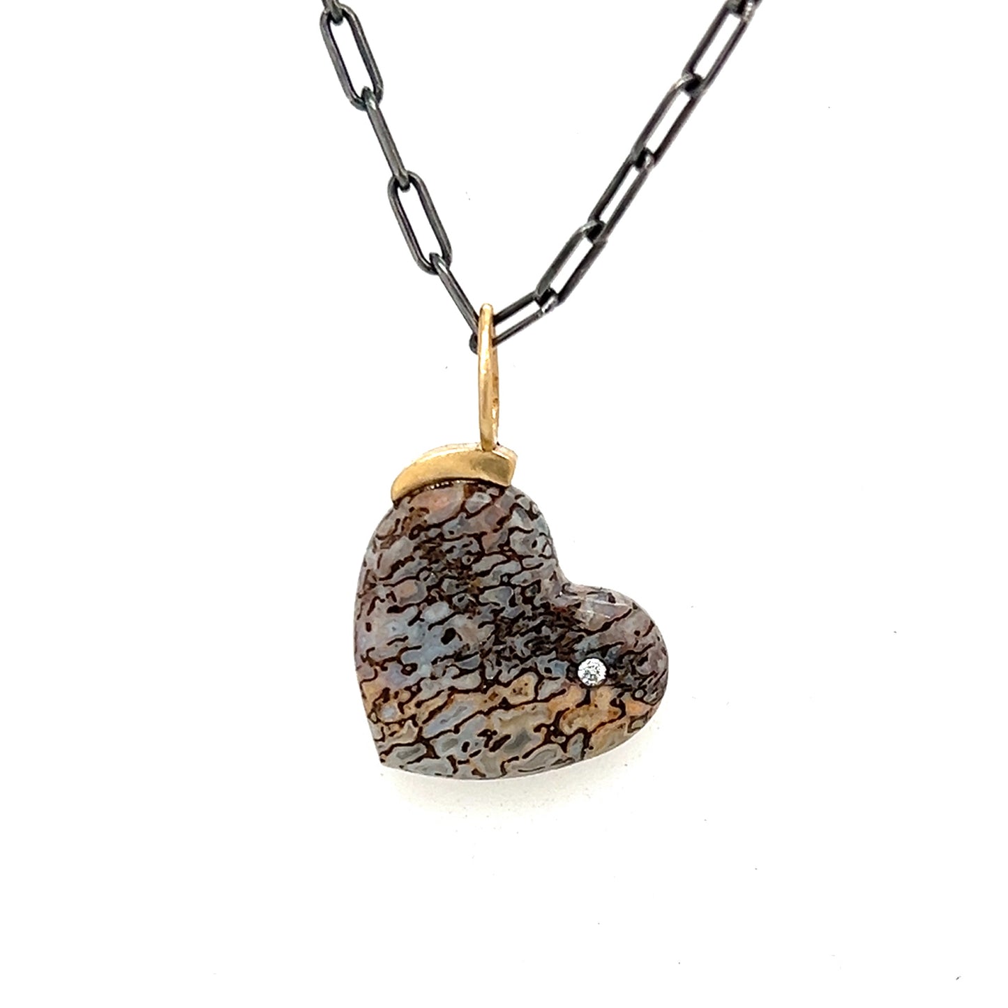 Dinosaur Bone and Diamond Gold Heart Pendant