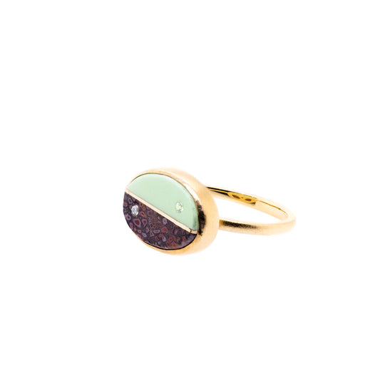 Dinosaur Bone, Chrysoprase and Diamonds Equinox Intarsia Gold Ring
