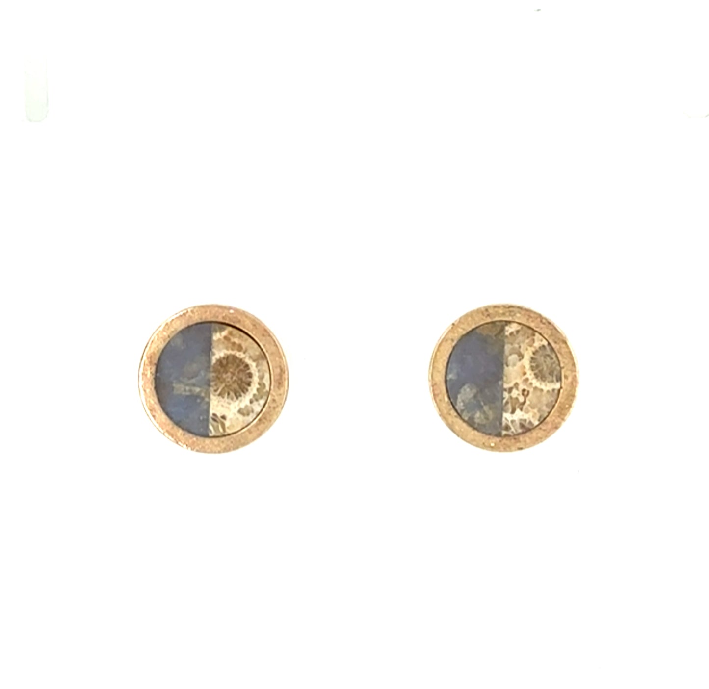 Blue Chalcedony and Fossilized Coral Gold Intarsia Stud Earrings