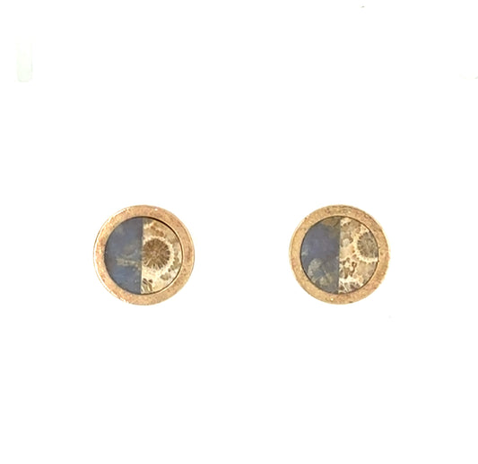 Blue Chalcedony and Fossilized Coral Gold Intarsia Stud Earrings