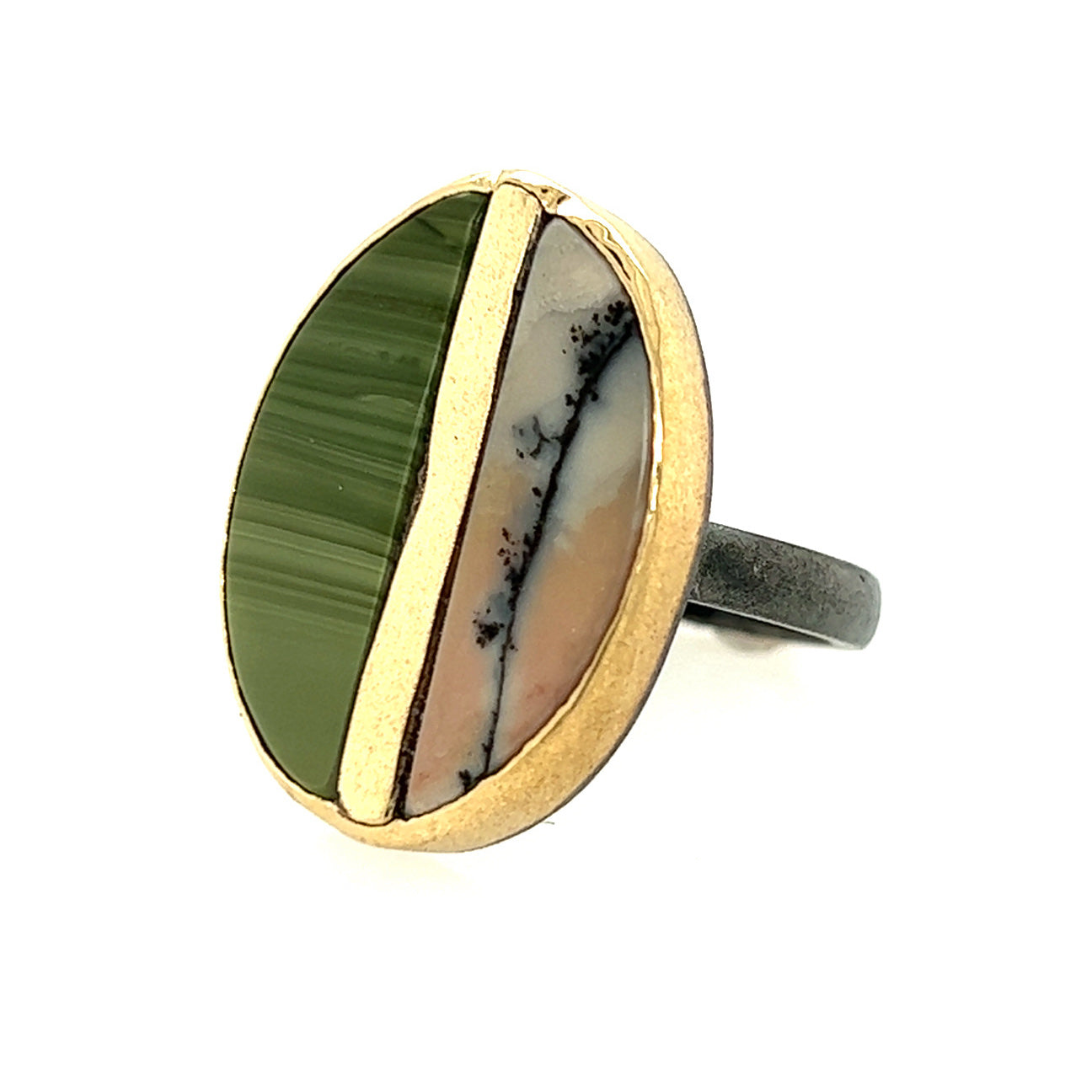 Green Jasper and Tiffany Stone Gold Inlay Ring