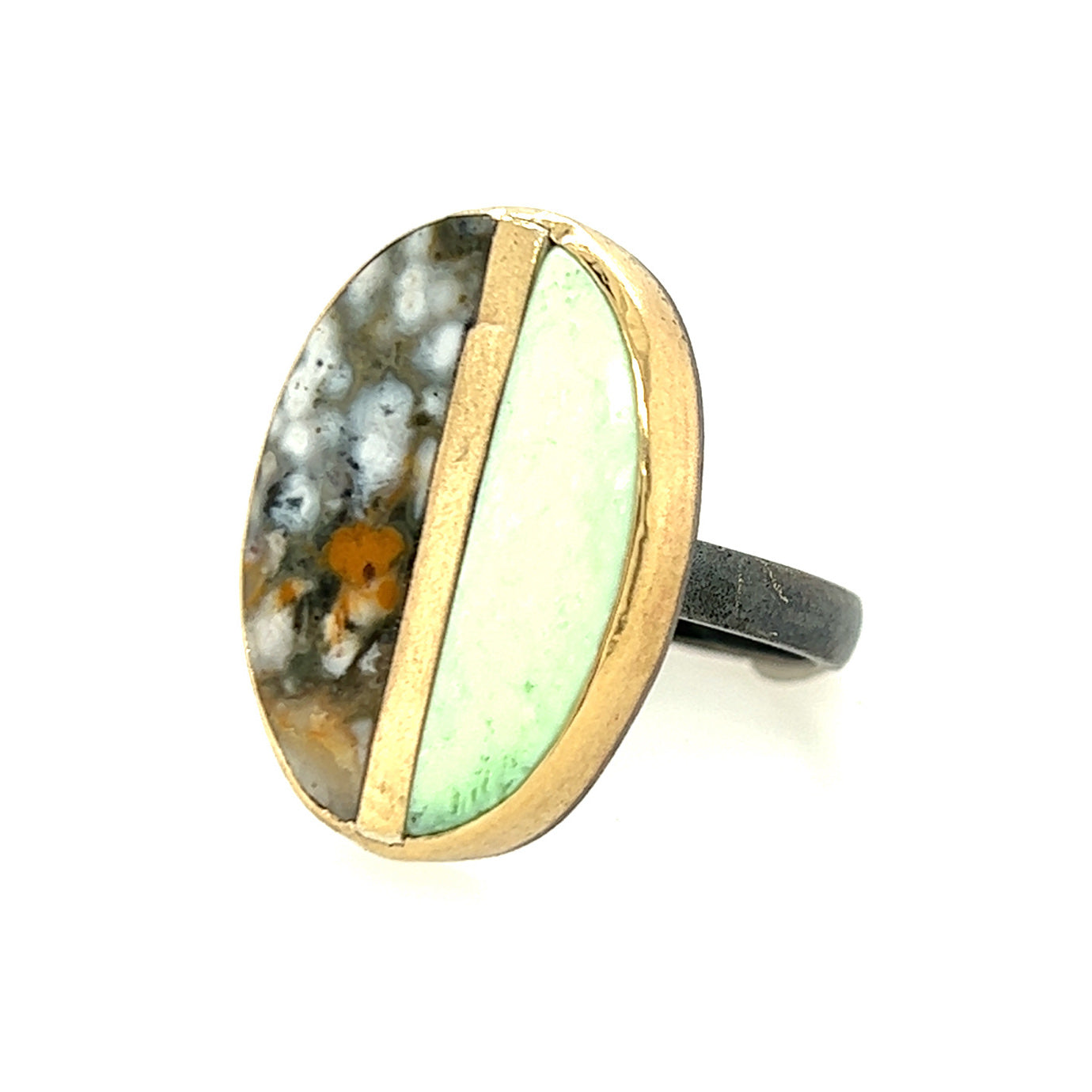 Ocean Jasper and Lemon Chrysoprase Gold Inlay Ring