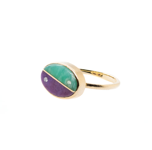 Purple Jade, Amazonite, and Diamonds Equinox Intarsia Gold Ring