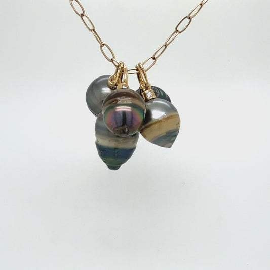 Multi-Ring Grey and Tan Tahitian Pearl and Diamonds Gold Charm