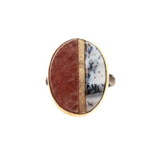 raspberry quartz dendritic agate gold inlay ring