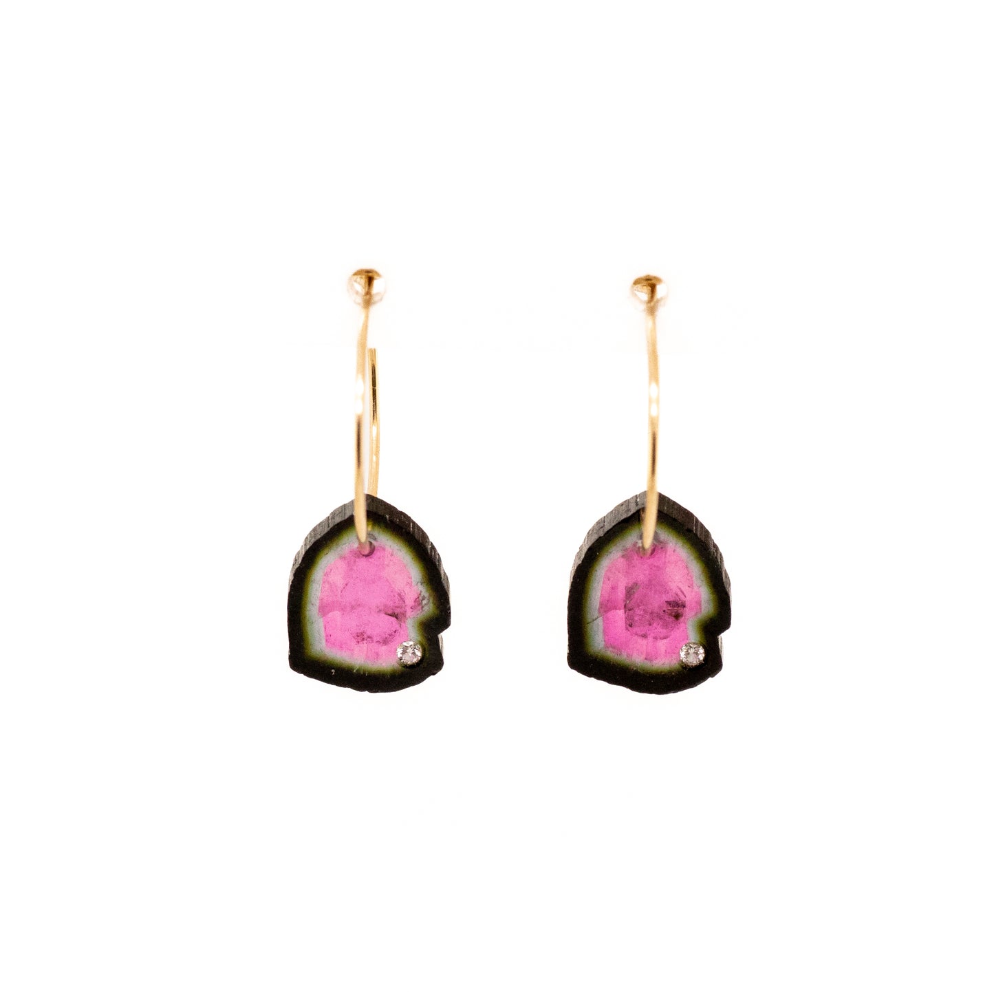 Watermelon Tourmaline and Diamond Gold Hoop Earrings