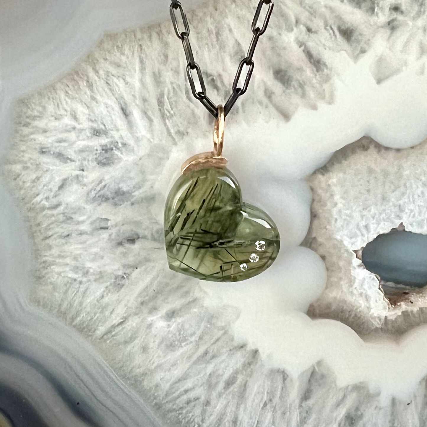 Prehnite and Diamonds Gold Heart Pendant