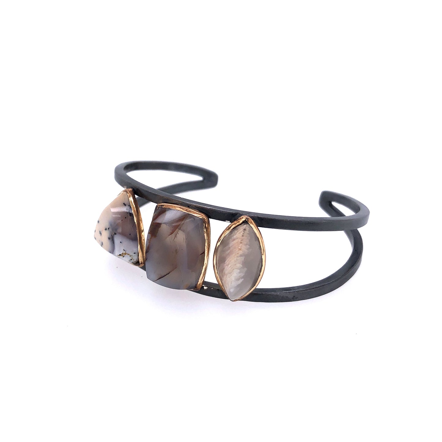 Dendritic Opal, Polkadot Agate, and Moonstone Bracelet, Handmade in 14k Gold and Sterling Silver