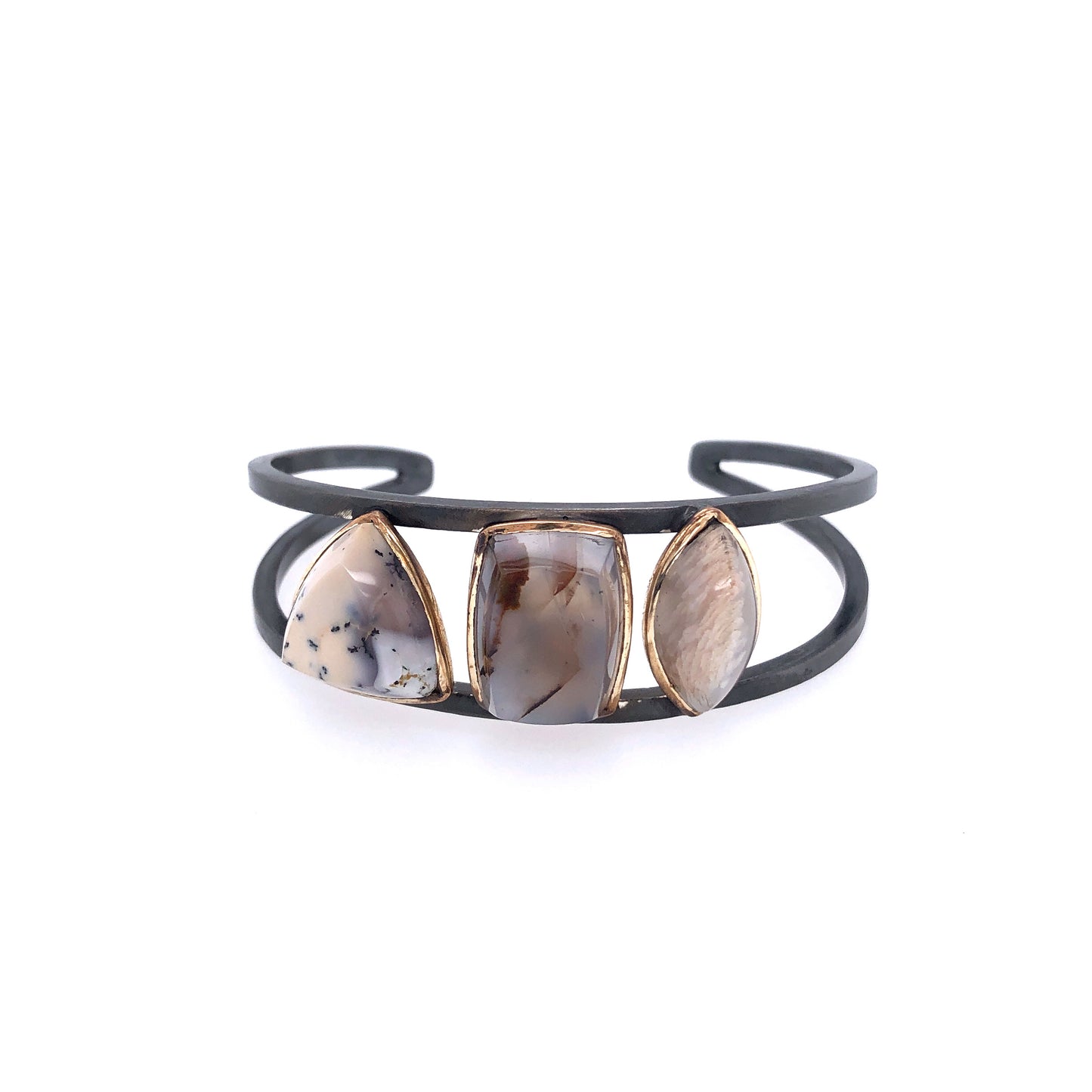 Dendritic Opal, Polkadot Agate, and Moonstone Bracelet, Handmade in 14k Gold and Sterling Silver