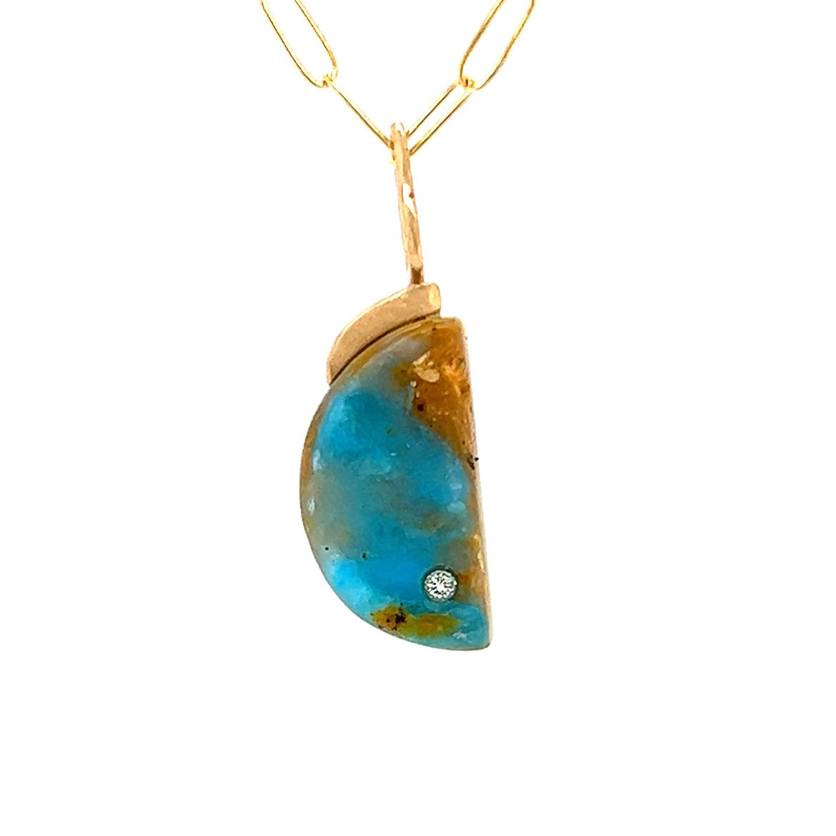 Blue Opalized Wood and Diamond Gold Moon Pendant