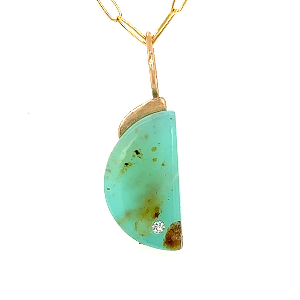 Bluish-green Opalized Wood and Diamond Gold Moon Pendant