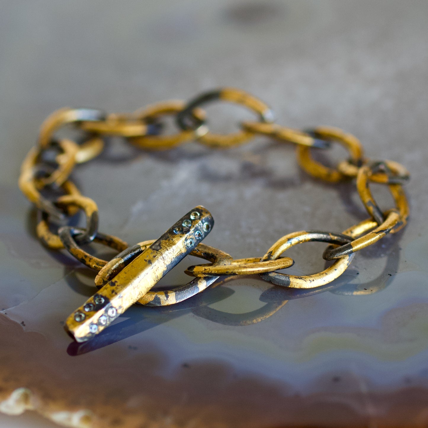 Marquise Link Bracelet with Montana Sapphire and Gold Keumboo