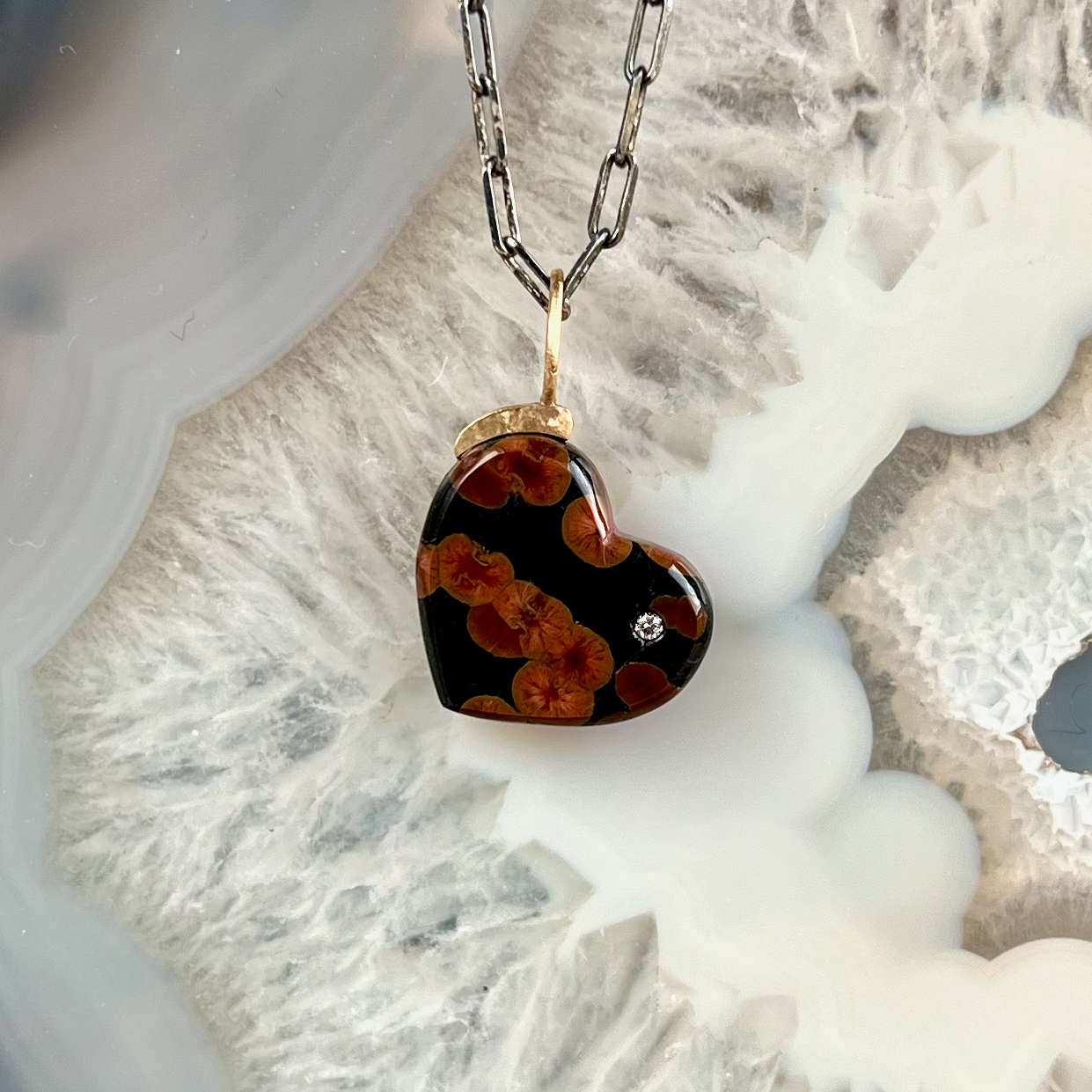 Peanut Obsidian and Diamond Gold Heart Pendant