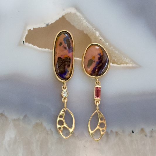Boulder Opal, Tourmaline, and Diamond Gold Earrings