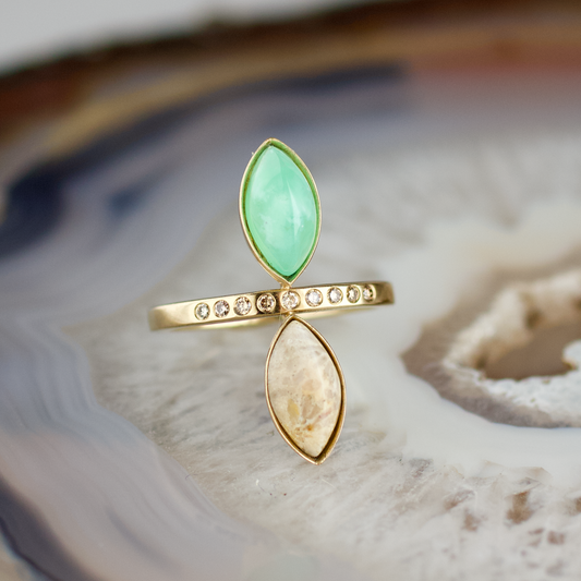 double marquise chrysoprase and fossilized coral stone gold ring champagne diamonds