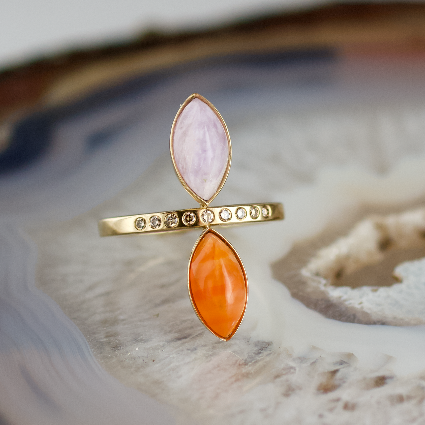 double marquise carnelian and amethyst stone gold ring champagne diamonds