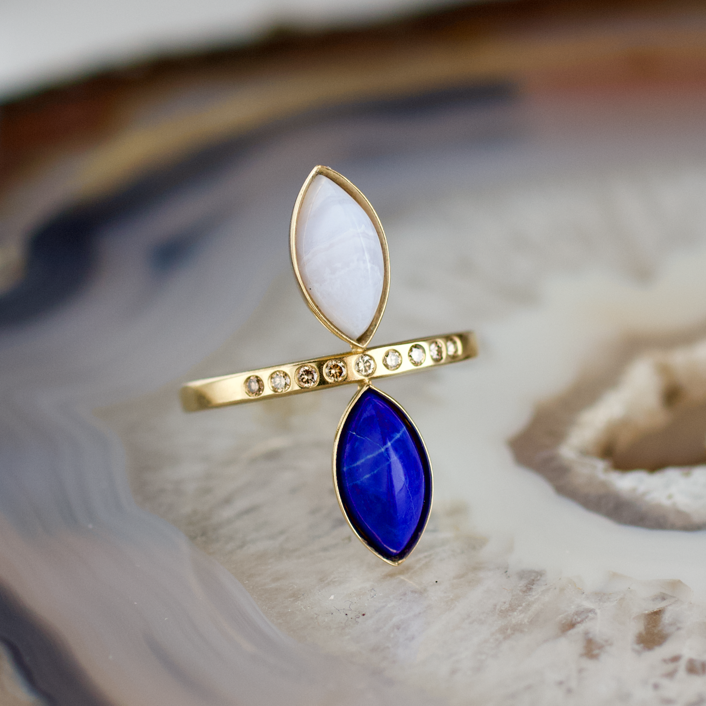 double marquise lapis and blue lace agate stone gold ring champagne diamonds