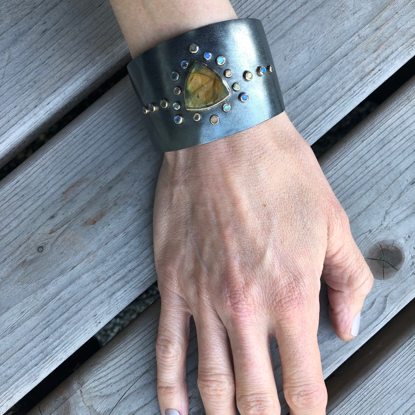 Labradorite Cuff Bracelet, Handmade in 14k Gold and Sterling Silver