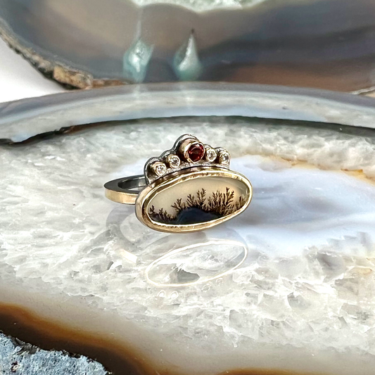 Dendritic Agate, Garnet, and Diamond Gold Ring