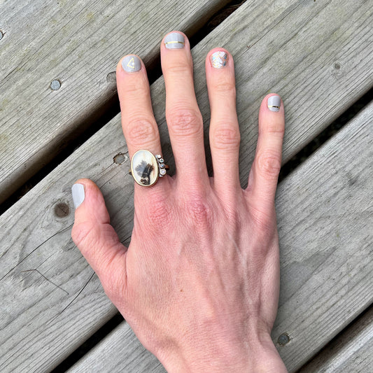 Dendritic Agate, Aquamarine, Sapphire, and Diamond Gold Ring