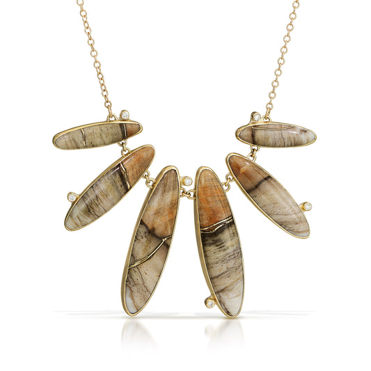 Petrified Wood and Diamond Gold Kintsugi Necklace