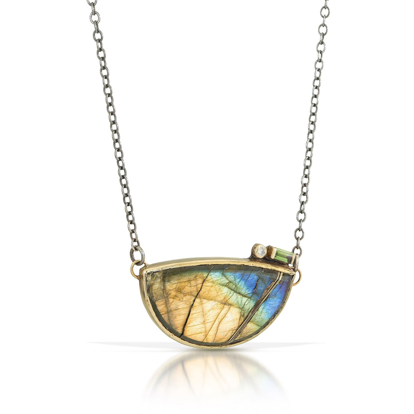 Labradorite, Tourmaline, and Diamond Gold Kintsugi Necklace
