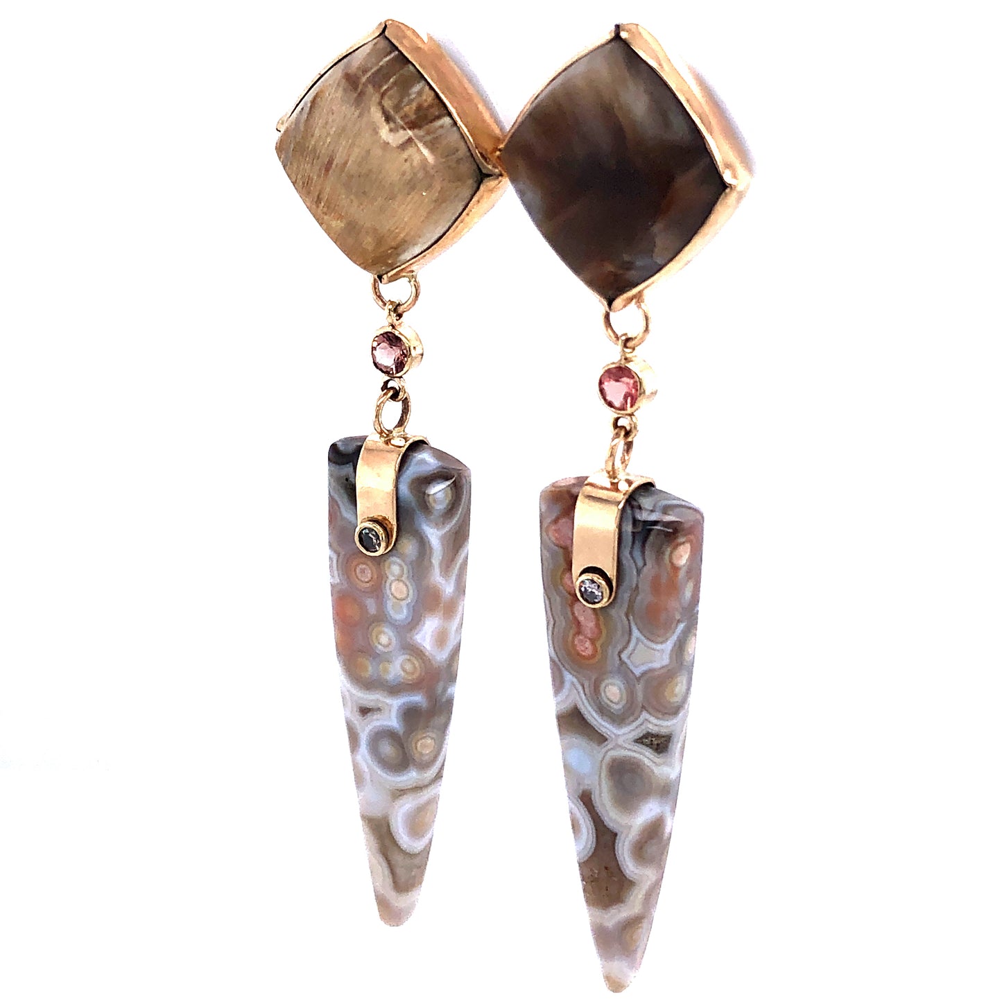 Petrified Wood, Sunstone, and Ocean Jasper Gold Earrings