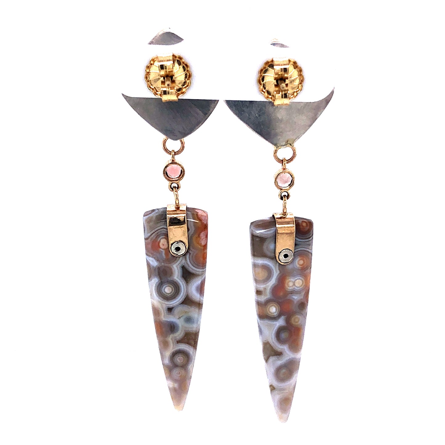 Petrified Wood, Sunstone, and Ocean Jasper Gold Earrings