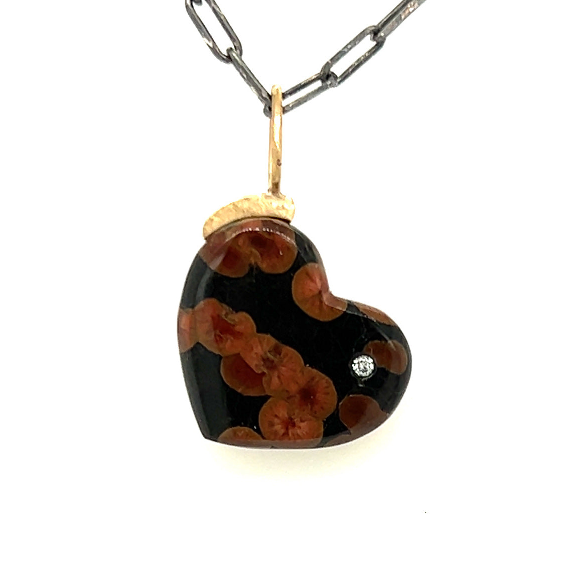 Peanut Obsidian and Diamond Gold Heart Pendant