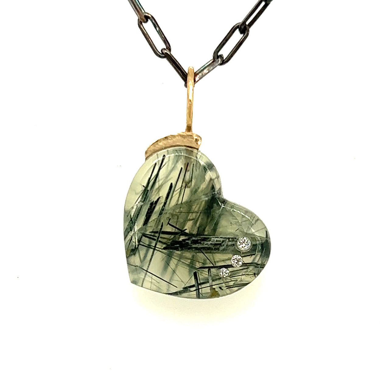 Prehnite and Diamonds Gold Heart Pendant