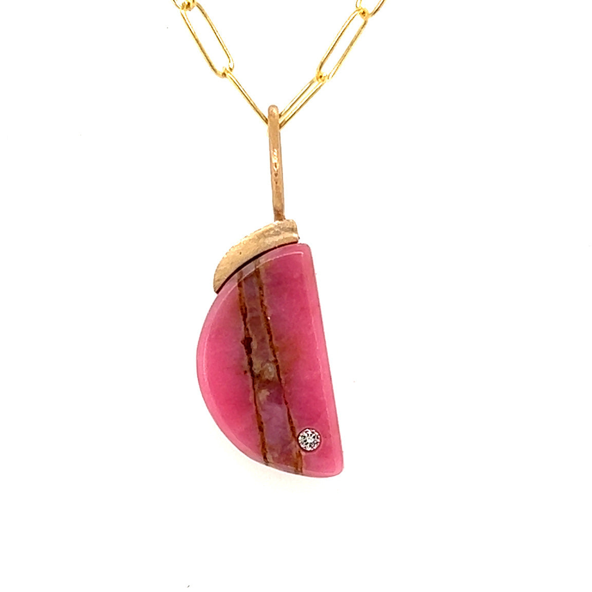 Rhodonite and Diamond Gold Moon Pendant