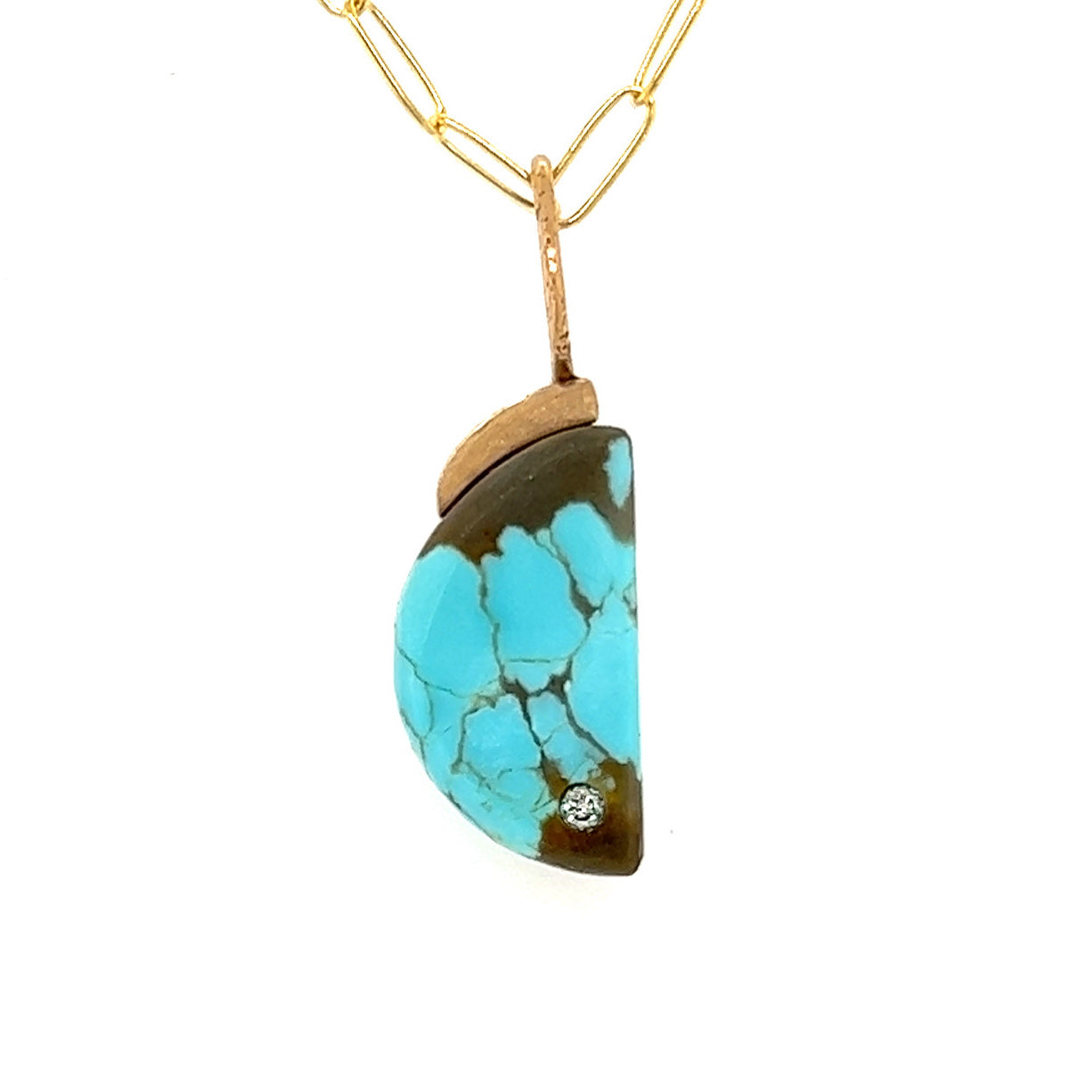 Turquoise and Diamond Gold Moon Pendant