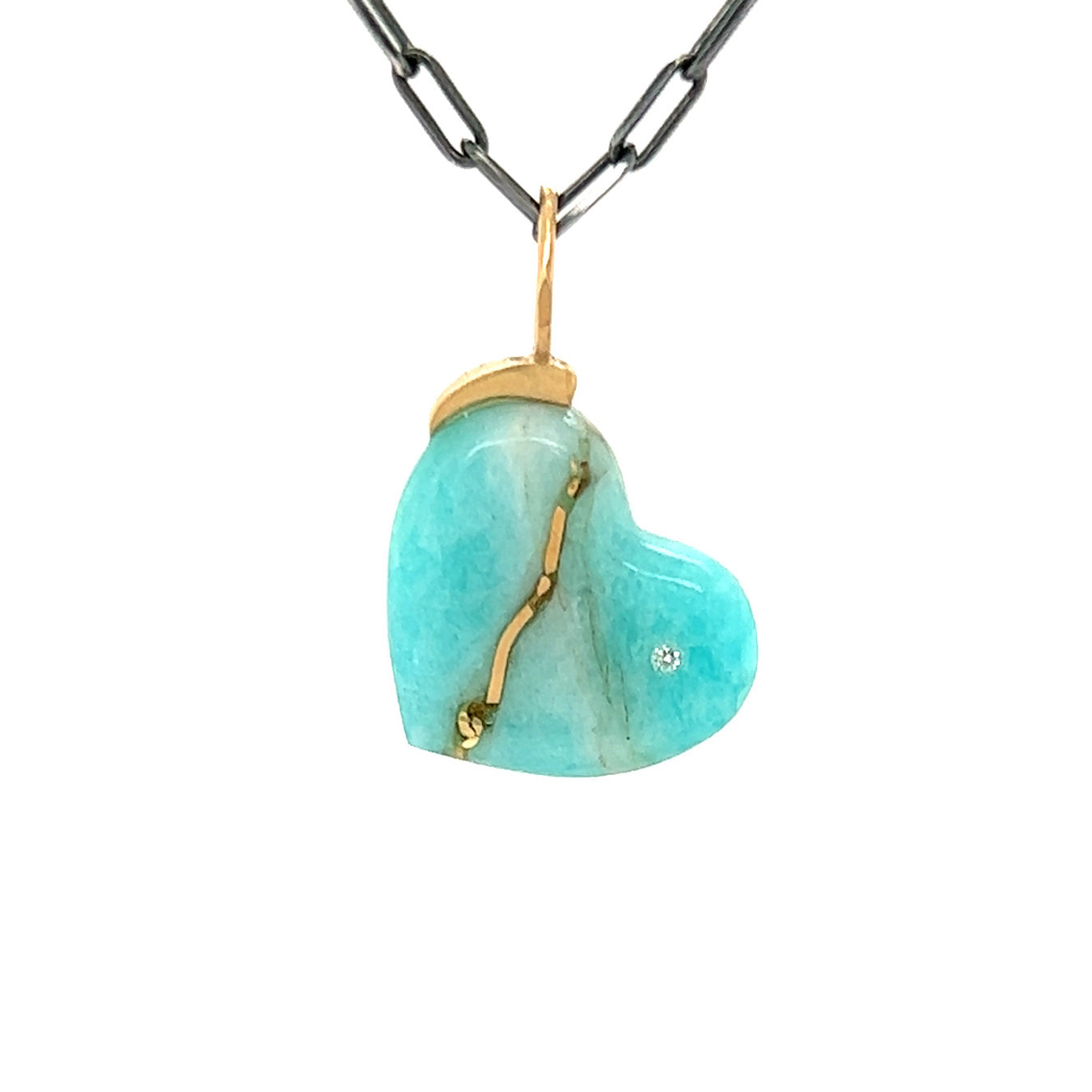 Amazonite and Diamond Gold Kintsugi Heart Pendant