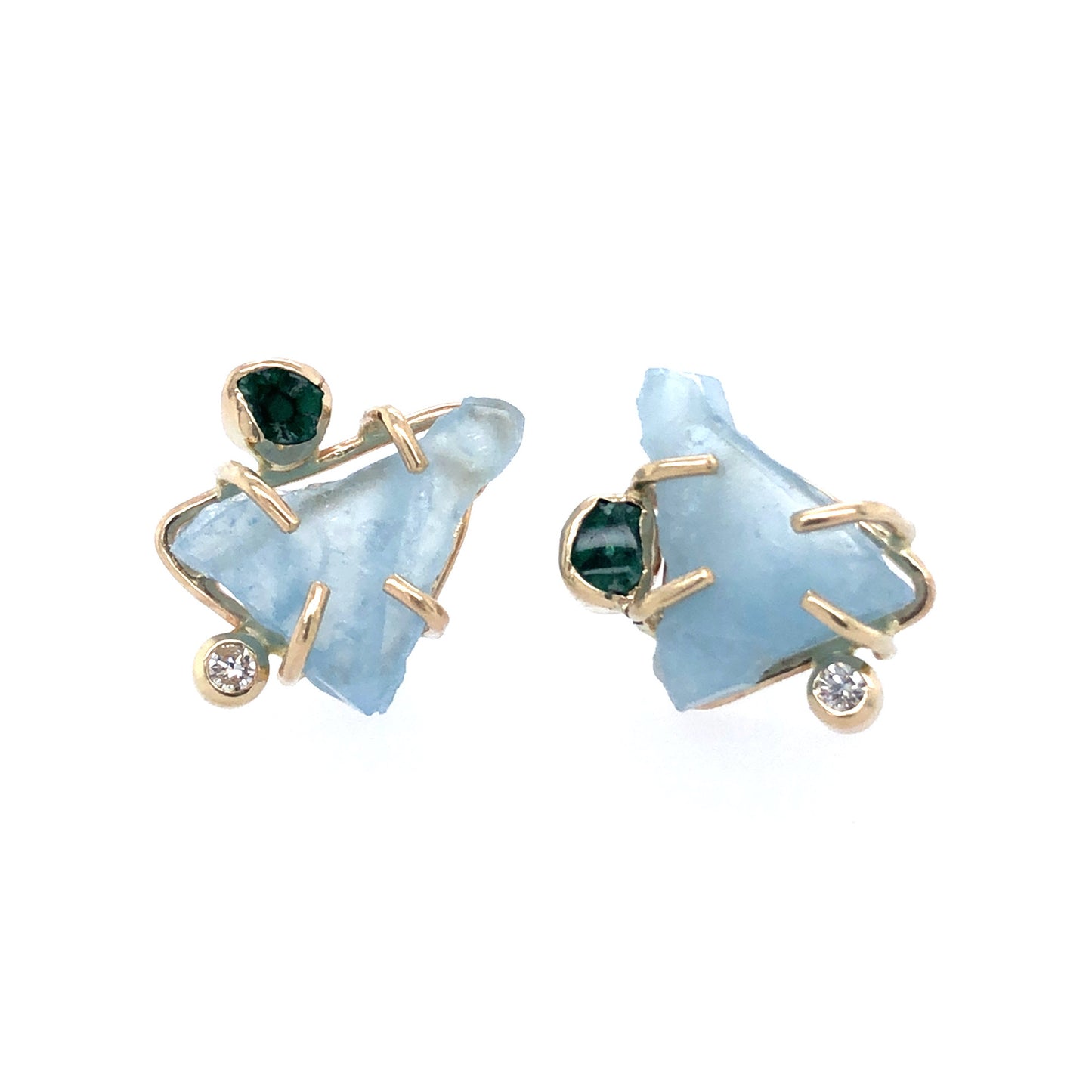 Aquamarine, Trapiche Emerald, and Diamond Gold Stud Earrings