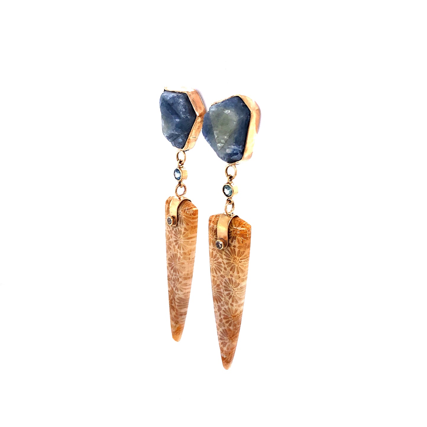Raw and Montana Sapphire, Agatized Coral Gold Earrings
