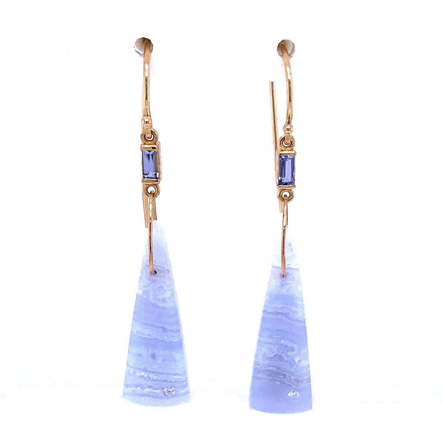 Blue Lace Agate, Tanzanite, and Diamond Gold Earrings